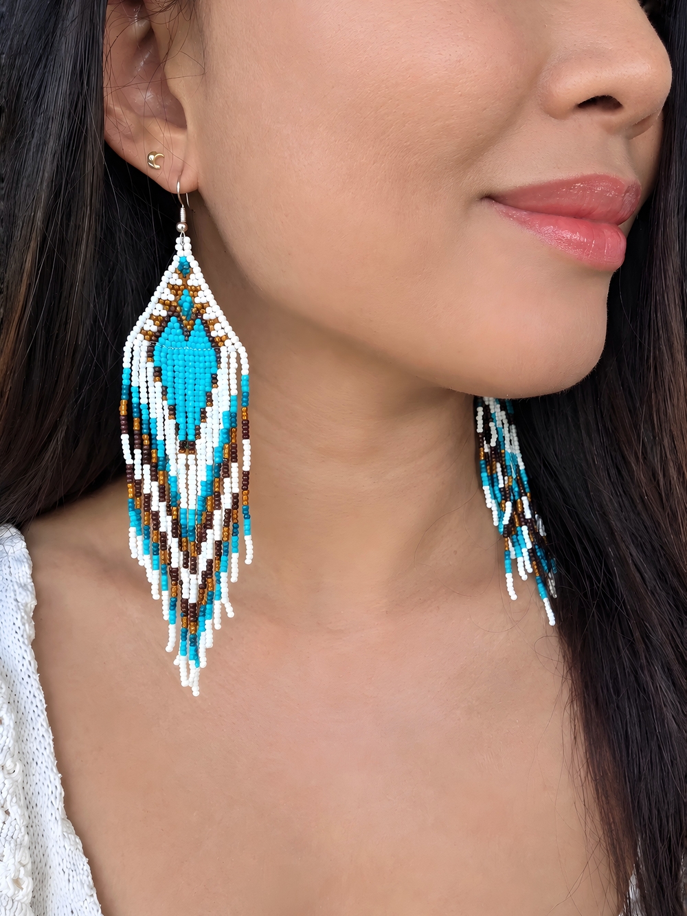 Gaia Boho Fringe Beaded Earrings Coastal Cowgirl Southwestern Handmade - Blue